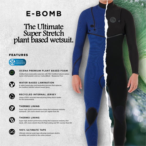2026 Rip Curl Mens E-Bomb 5/4mm Zip Free Hooded Wetsuit 17IMFS -.. Black